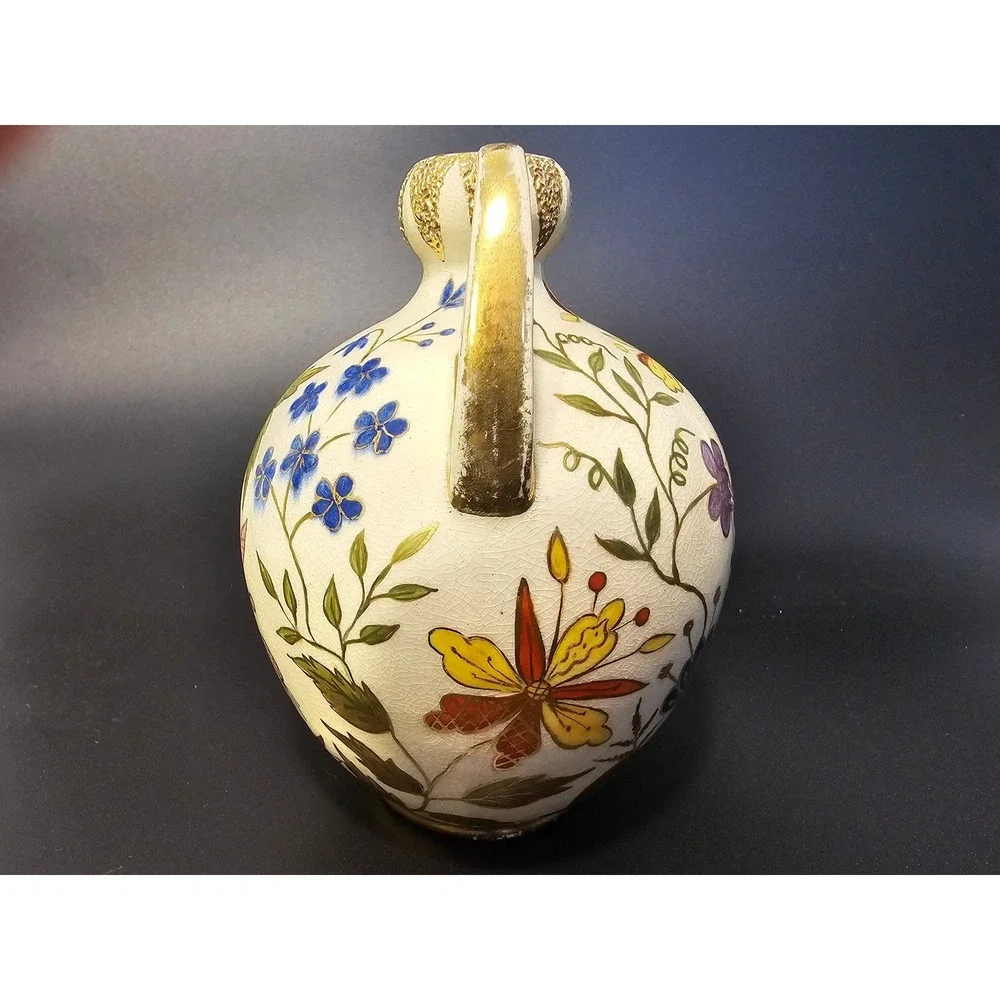Vintage Hand Painted Floral Crackle Glaze Ceramic Amphora Vase Urn Gold Trm 5.5